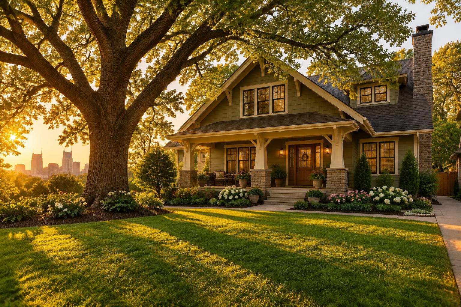 A Nashville home with mature trees and a manicured lawn at golden hour